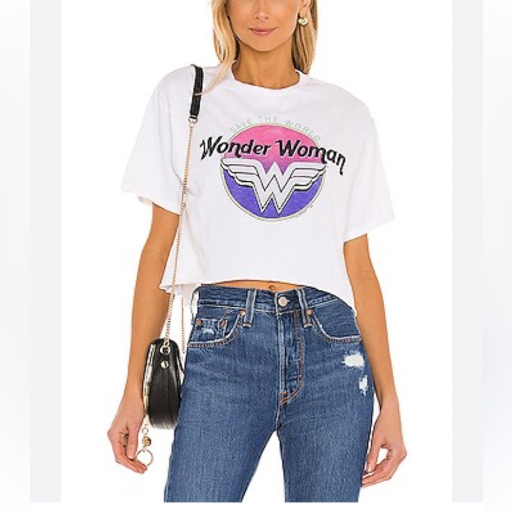 Junk Food Wonder Woman Save The World Graphic Crop Tee M White NWT